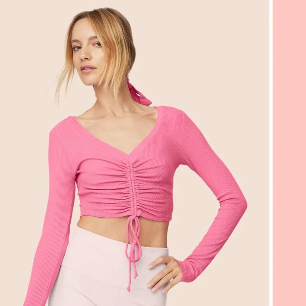 Alo Yoga Ribbed Cinch Cropped Top in Pink Fuschia